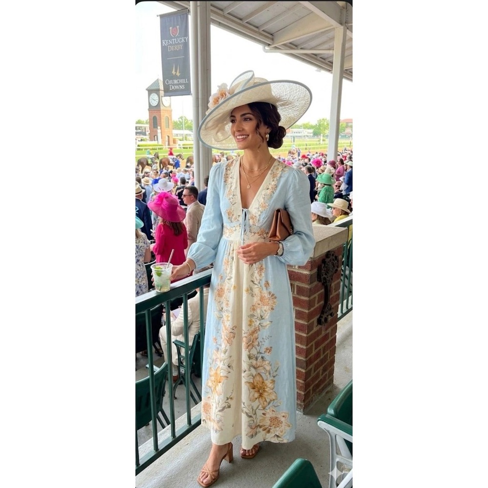 House of Harlow 1960 Blue Cream Floral Linen Blend Maxi Dress NWT Size Small